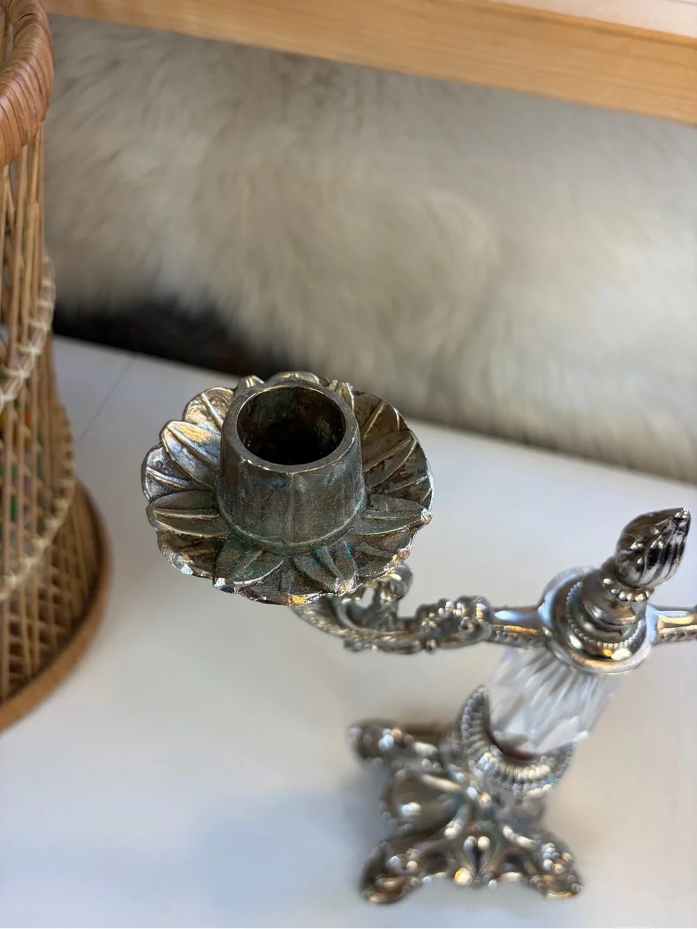 Vintage Silver Tone Crystal Double Arm Candelabra Candle Holder Baroque Decor - Picture 6 of 11